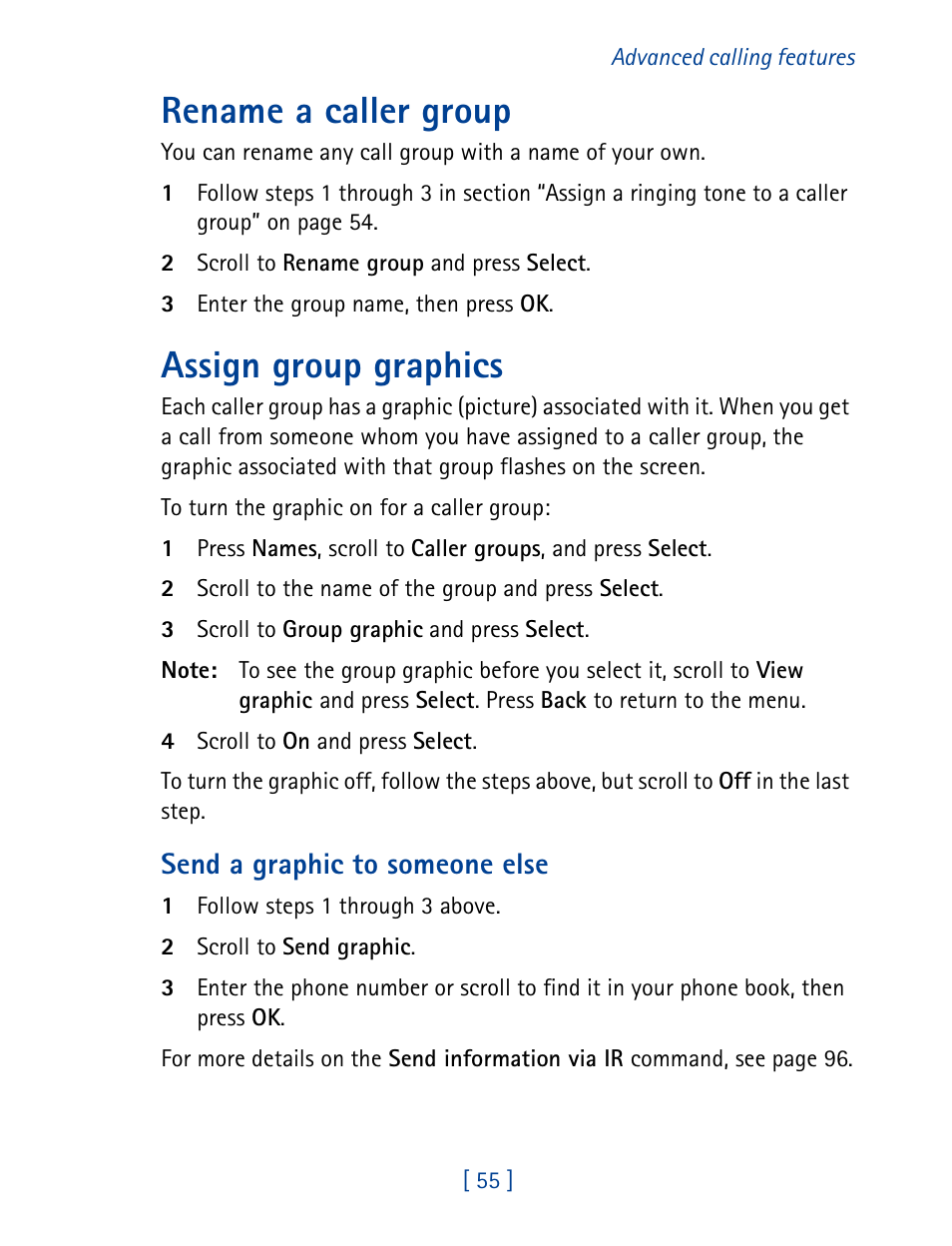 Rename a caller group, Assign group graphics, Send a graphic to someone else | Nokia 8890 User Manual | Page 64 / 141