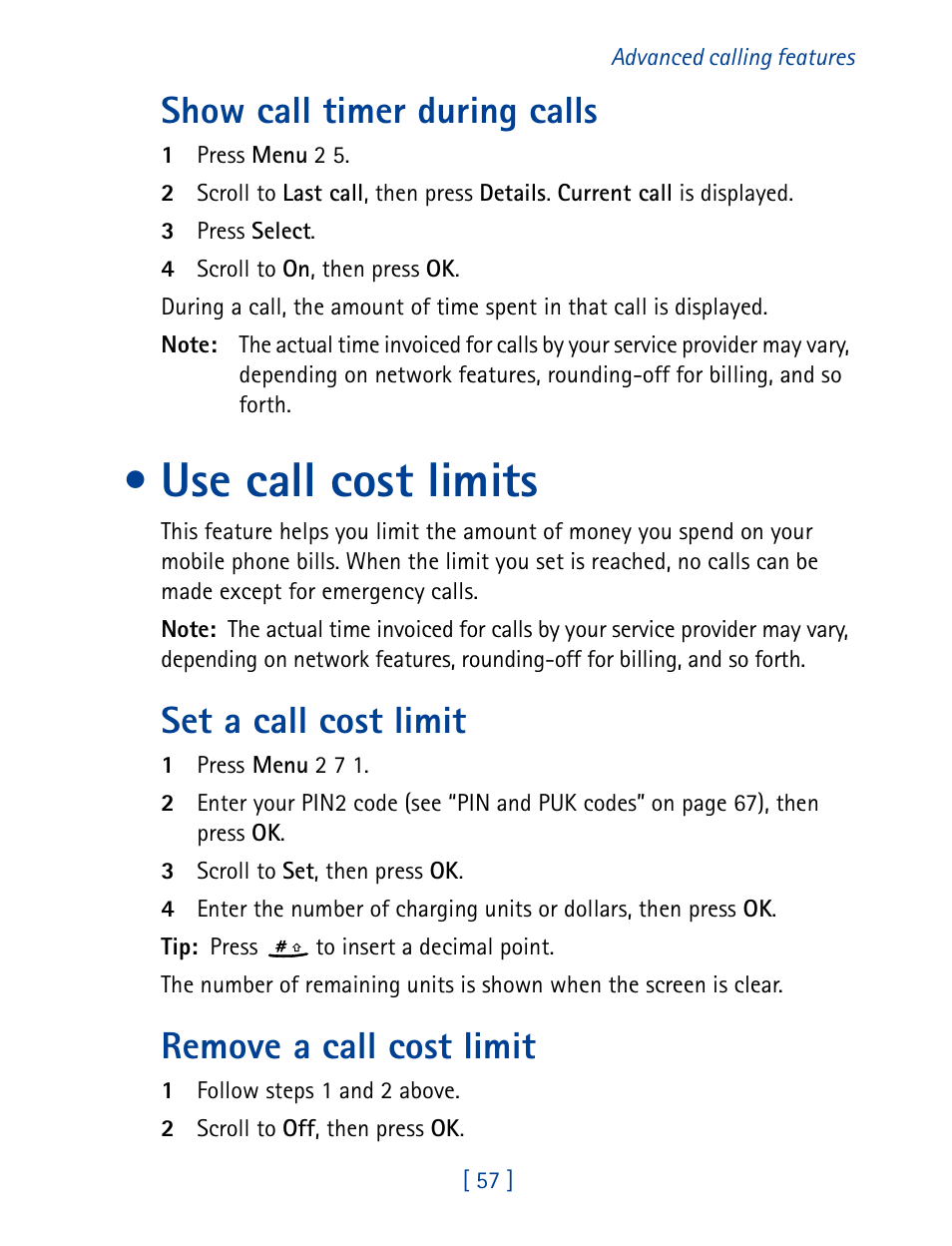 Show call timer during calls, Use call cost limits, Set a call cost limit | Remove a call cost limit | Nokia 8890 User Manual | Page 66 / 141