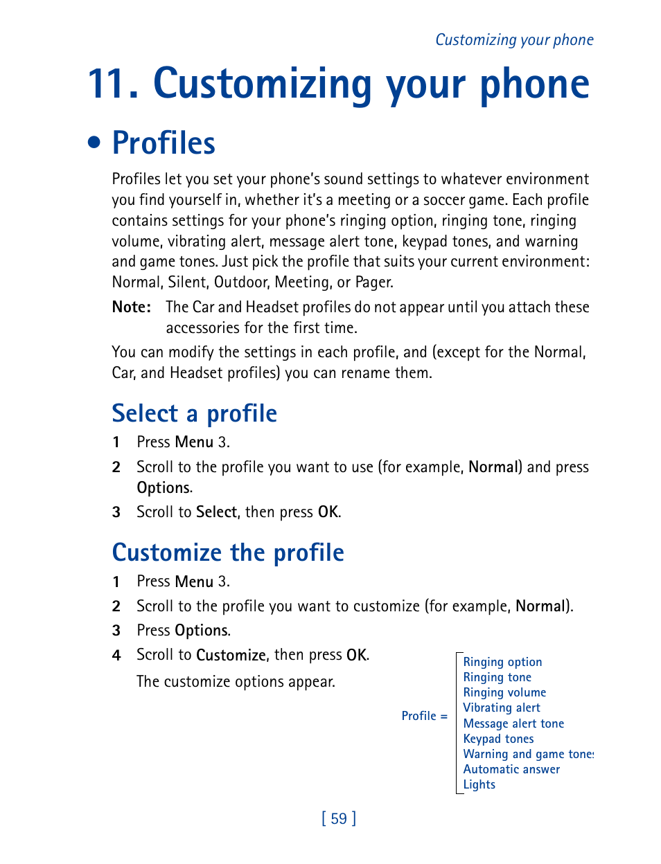 Customizing your phone, Profiles, Select a profile | Customize the profile | Nokia 8890 User Manual | Page 68 / 141