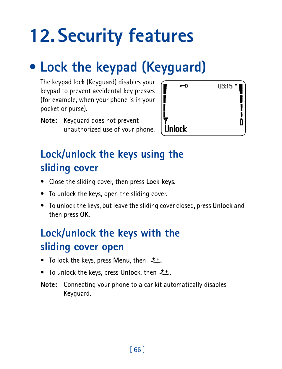 Security features, Lock the keypad (keyguard), Lock/unlock the keys using the sliding cover | Lock/unlock the keys with the sliding cover open | Nokia 8890 User Manual | Page 75 / 141