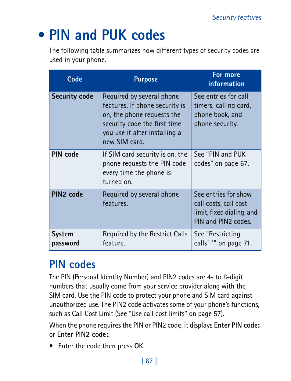 Pin and puk codes, Pin codes | Nokia 8890 User Manual | Page 76 / 141