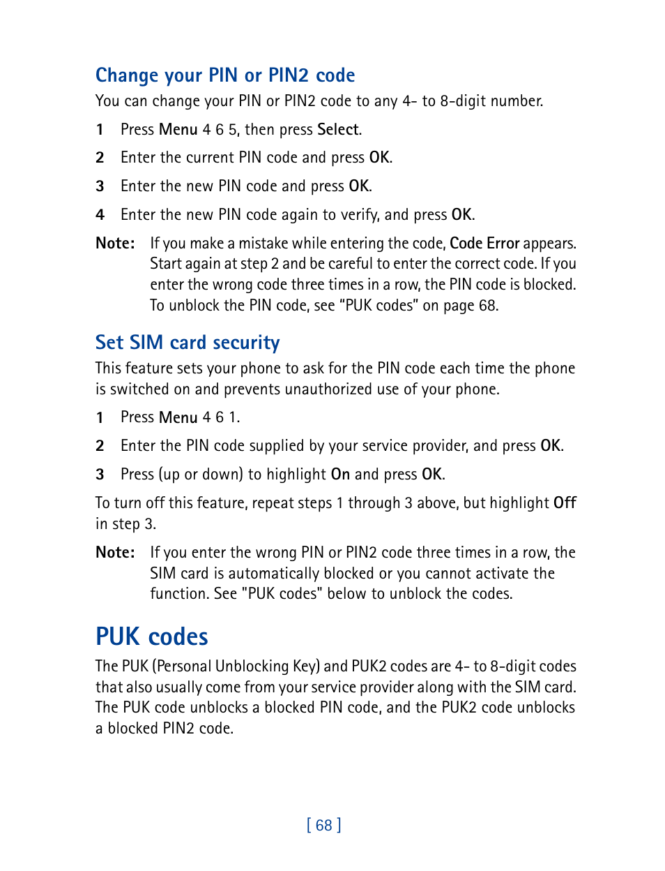 Puk codes, Change your pin or pin2 code, Set sim card security | Nokia 8890 User Manual | Page 77 / 141