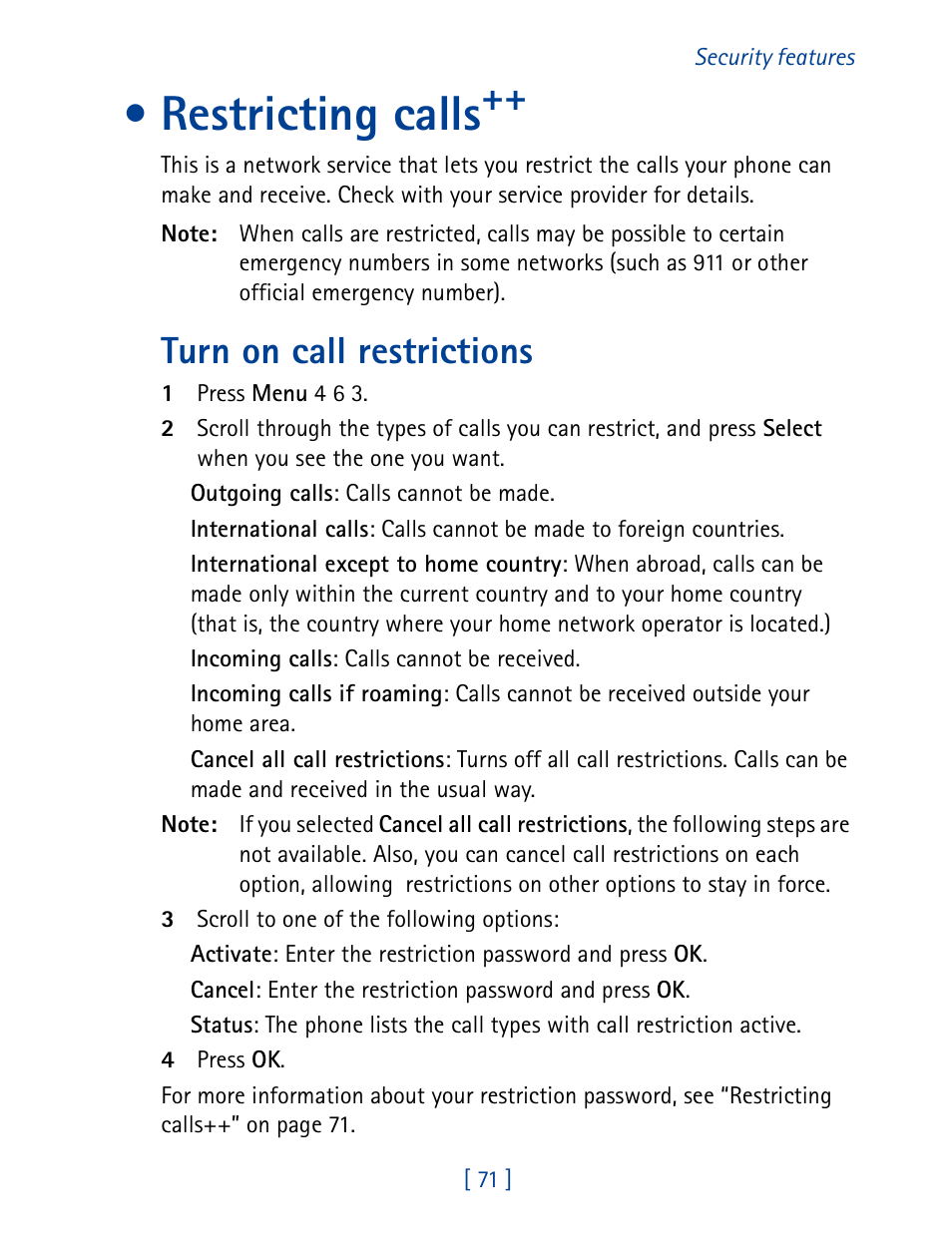 Restricting calls, Turn on call restrictions | Nokia 8890 User Manual | Page 80 / 141