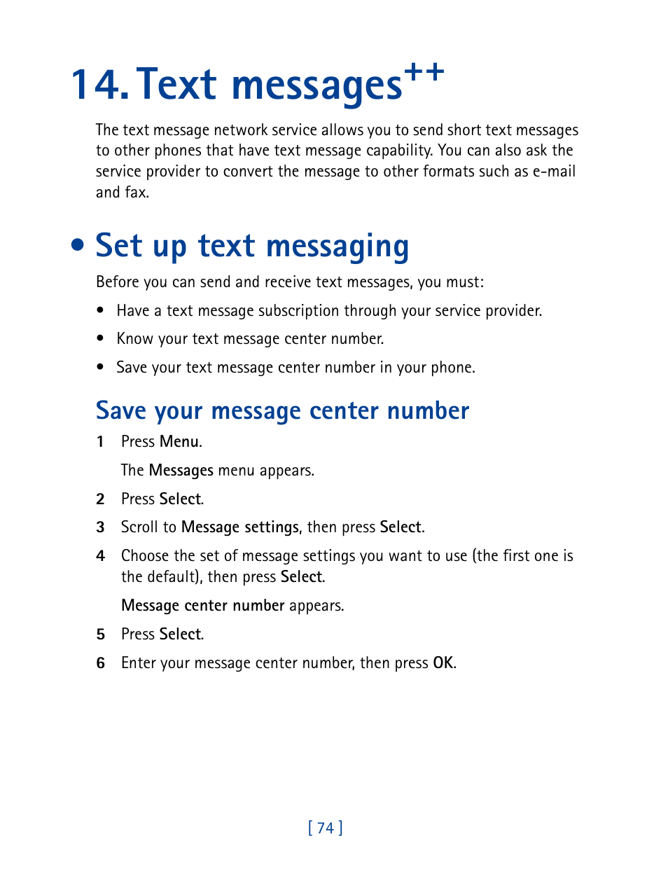 Text messages, Set up text messaging, Save your message center number | Nokia 8890 User Manual | Page 83 / 141