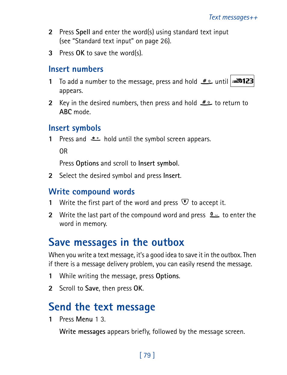 Save messages in the outbox, Send the text message, Insert numbers | Insert symbols, Write compound words | Nokia 8890 User Manual | Page 88 / 141