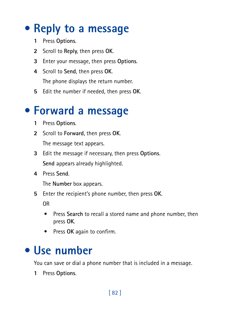 Reply to a message, Forward a message, Use number | Nokia 8890 User Manual | Page 91 / 141