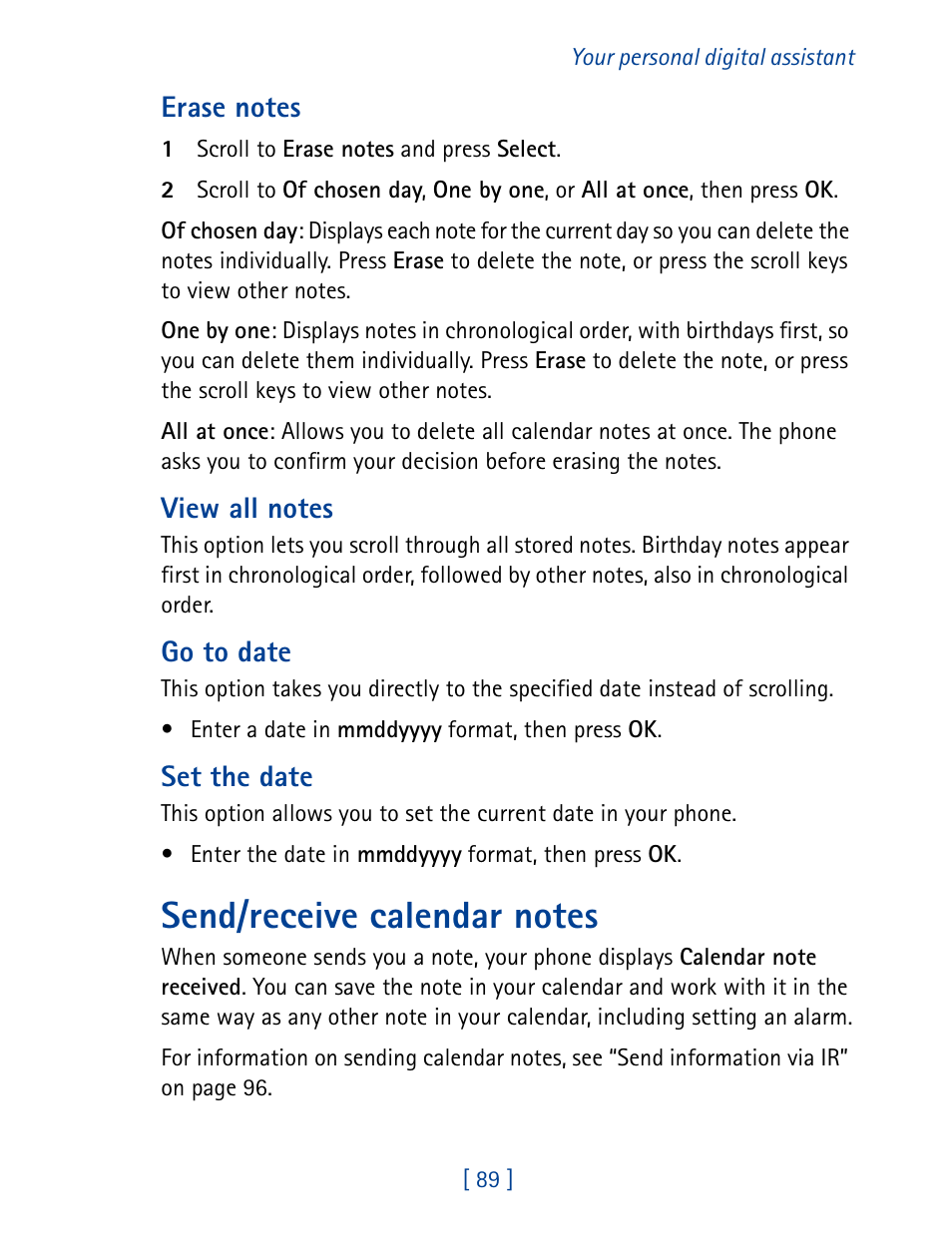 Send/receive calendar notes | Nokia 8890 User Manual | Page 98 / 141