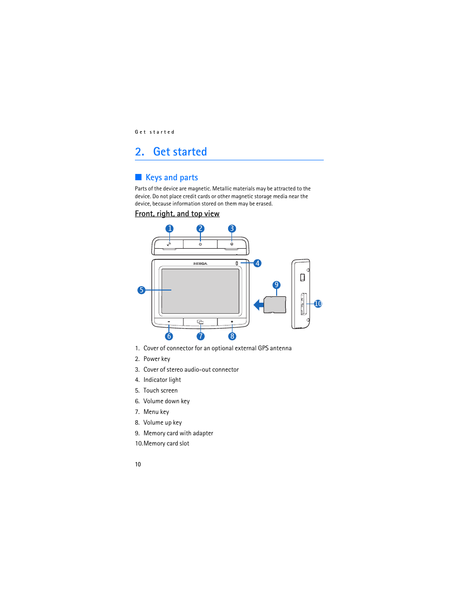 Get started, Keys and parts, Front, right, and top view | Nokia 500 Auto Navigation User Manual | Page 10 / 51