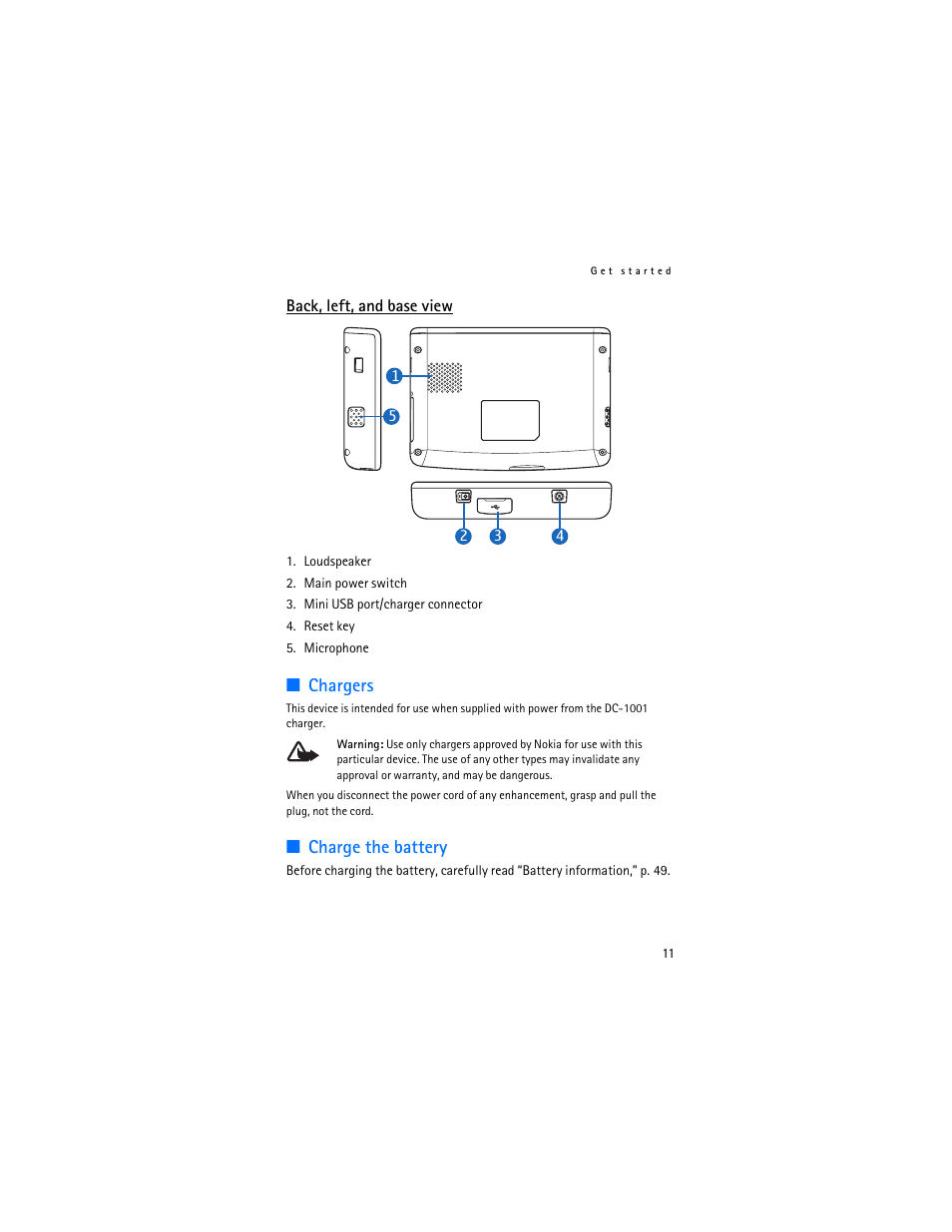 Back, left, and base view, Chargers, Charge the battery | Chargers charge the battery | Nokia 500 Auto Navigation User Manual | Page 11 / 51