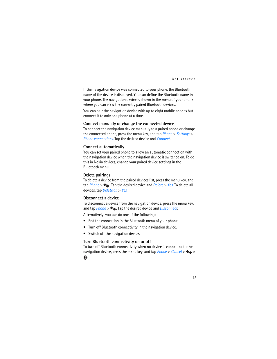 Connect manually or change the connected device, Connect automatically, Delete pairings | Disconnect a device, Turn bluetooth connectivity on or off | Nokia 500 Auto Navigation User Manual | Page 15 / 51