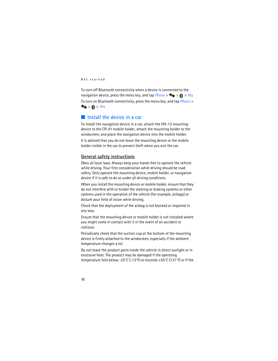 Install the device in a car, General safety instructions | Nokia 500 Auto Navigation User Manual | Page 16 / 51
