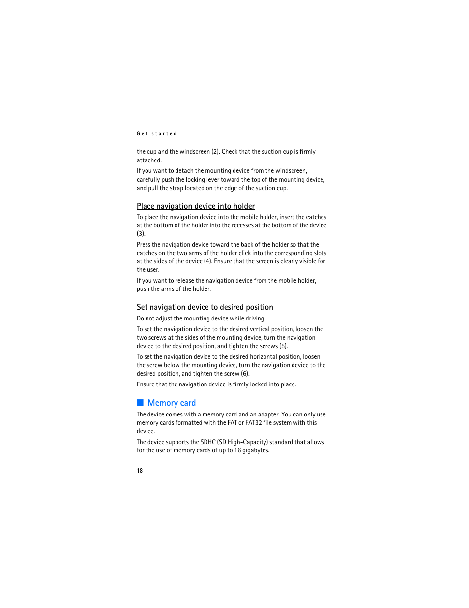 Place navigation device into holder, Set navigation device to desired position, Memory card | Nokia 500 Auto Navigation User Manual | Page 18 / 51