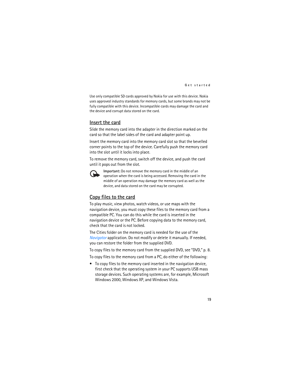 Insert the card, Copy files to the card, Insert the card copy files to the card | Nokia 500 Auto Navigation User Manual | Page 19 / 51