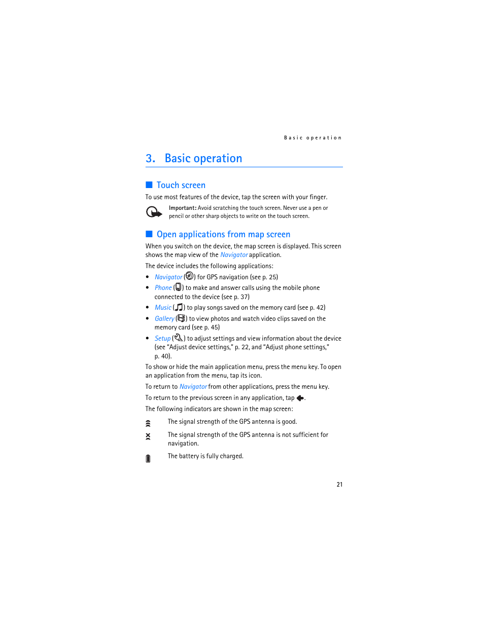 Basic operation, Touch screen, Open applications from map screen | Touch screen open applications from map screen | Nokia 500 Auto Navigation User Manual | Page 21 / 51