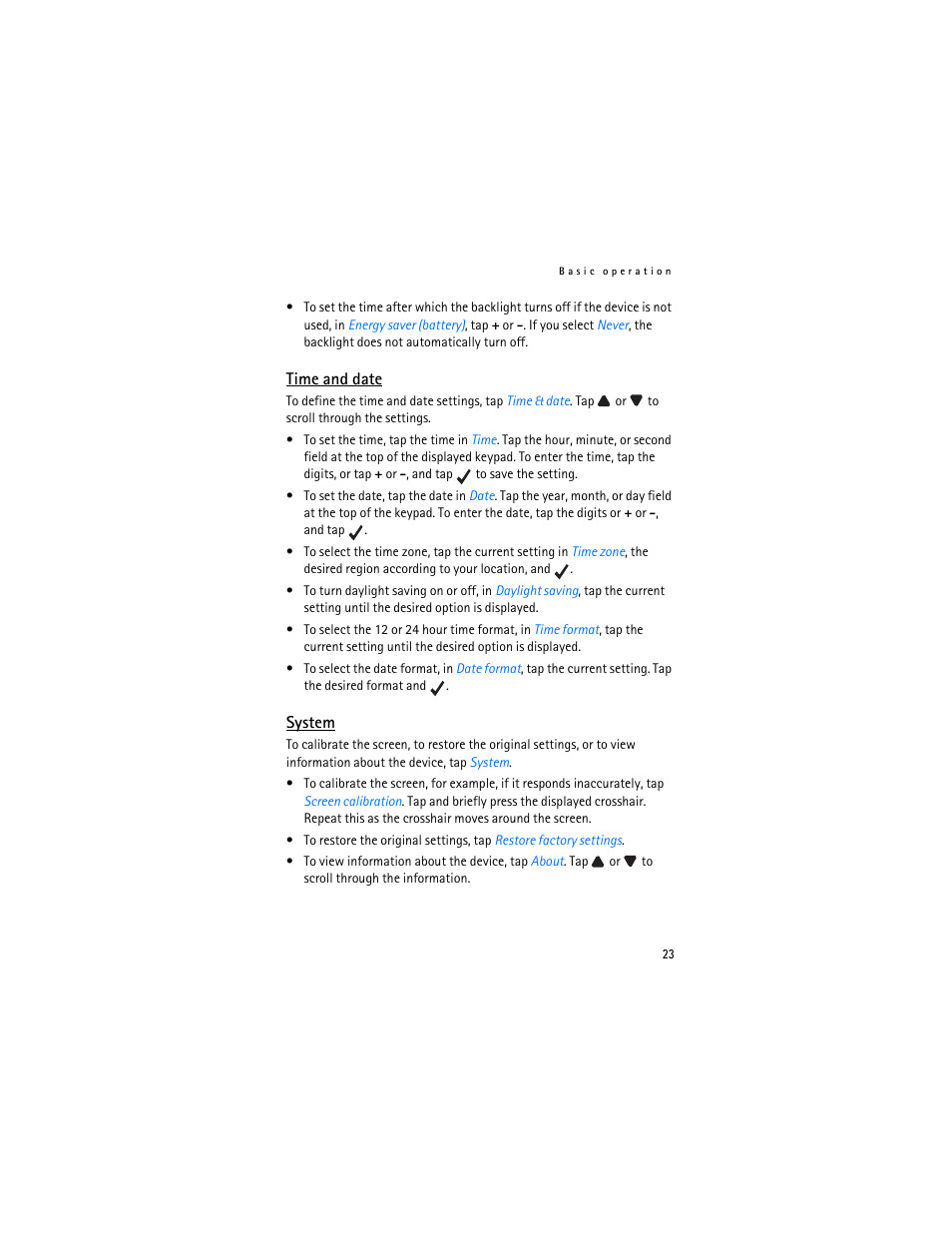 Time and date, System, Time and date system | Nokia 500 Auto Navigation User Manual | Page 23 / 51