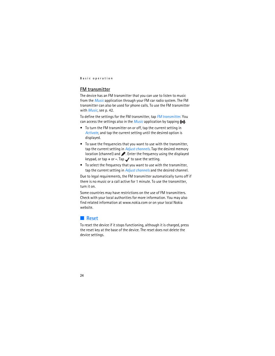 Fm transmitter, Reset | Nokia 500 Auto Navigation User Manual | Page 24 / 51