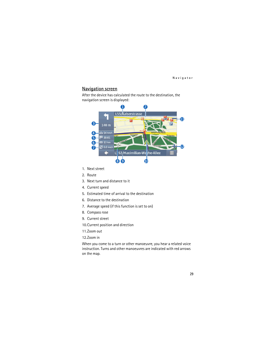 Navigation screen | Nokia 500 Auto Navigation User Manual | Page 29 / 51