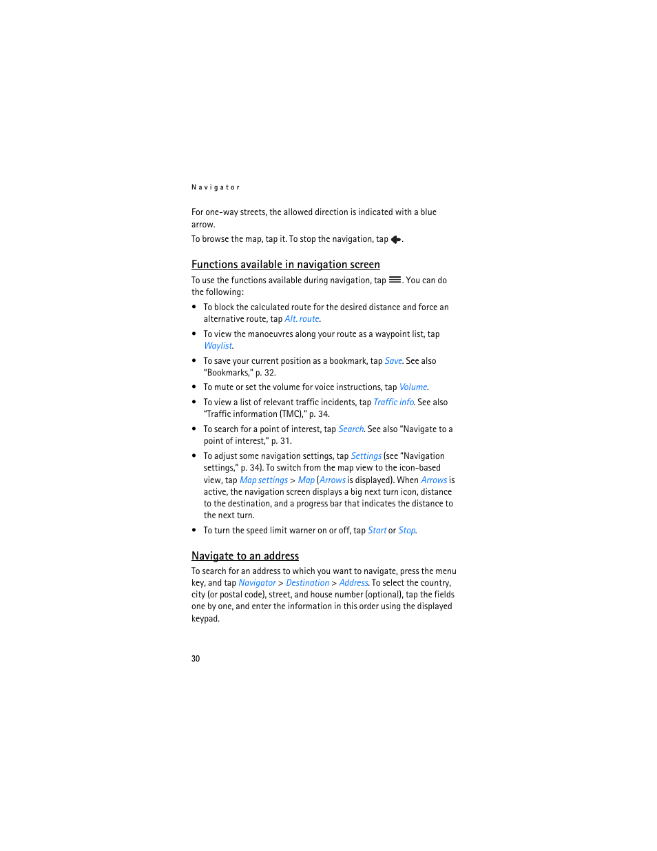 Functions available in navigation screen, Navigate to an address, Navigate | To an address | Nokia 500 Auto Navigation User Manual | Page 30 / 51