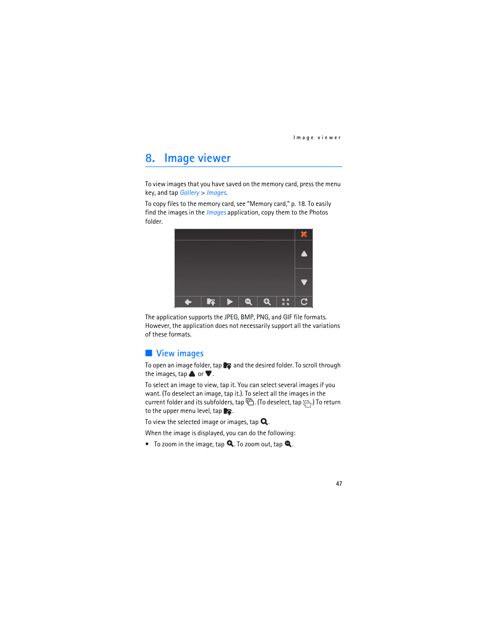 Image viewer, View images | Nokia 500 Auto Navigation User Manual | Page 47 / 51