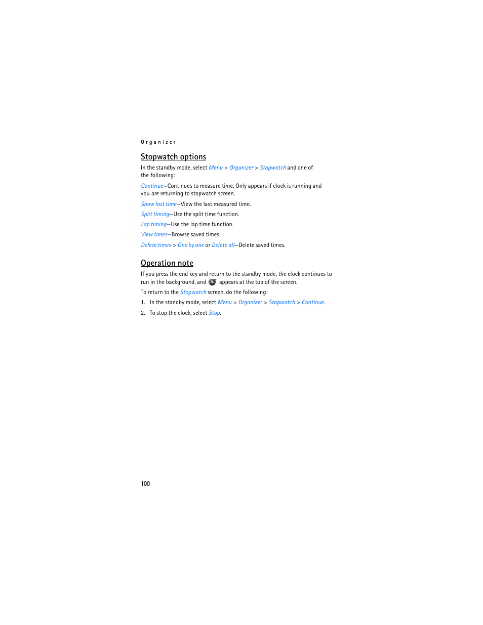 Stopwatch options | Nokia 6265i User Manual | Page 101 / 257