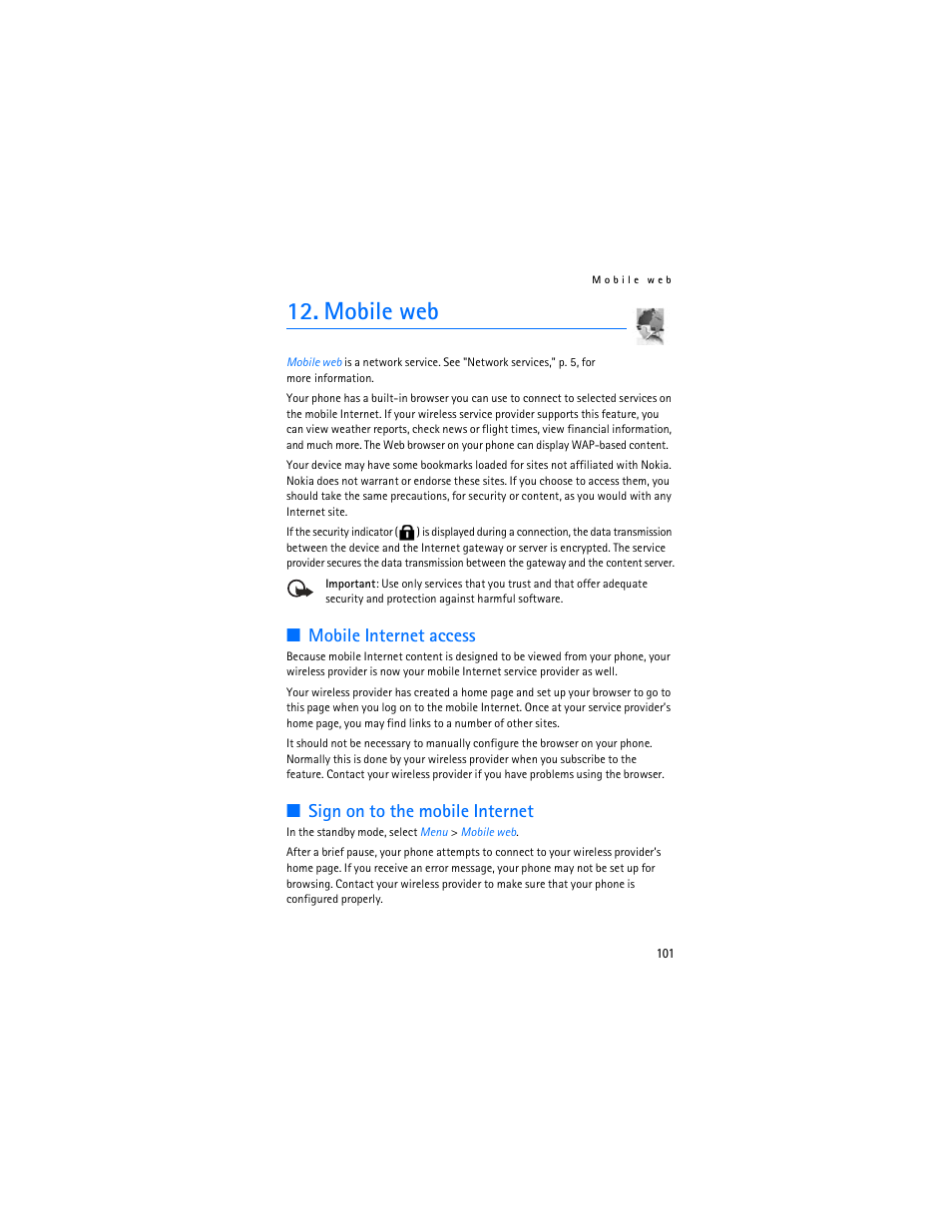 Mobile web, Mobile web," p. 101 for mo, Mobile internet access | Sign on to the mobile internet | Nokia 6265i User Manual | Page 102 / 257