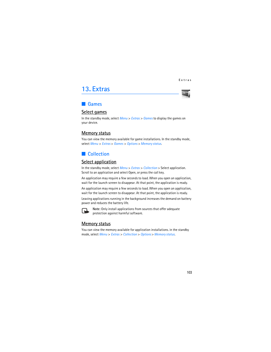Extras, Games, Collection | Select games, Select application | Nokia 6265i User Manual | Page 104 / 257