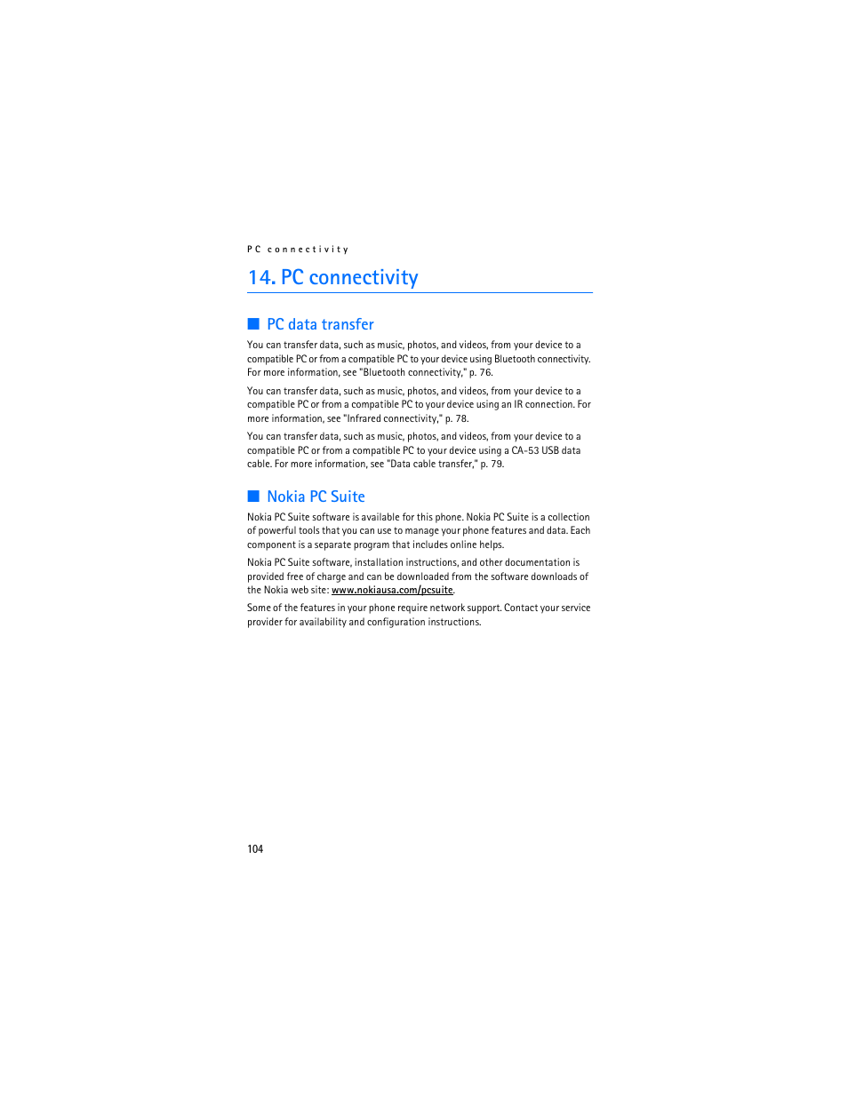 Pc connectivity, Pc data transfer, Nokia pc suite | Nokia 6265i User Manual | Page 105 / 257