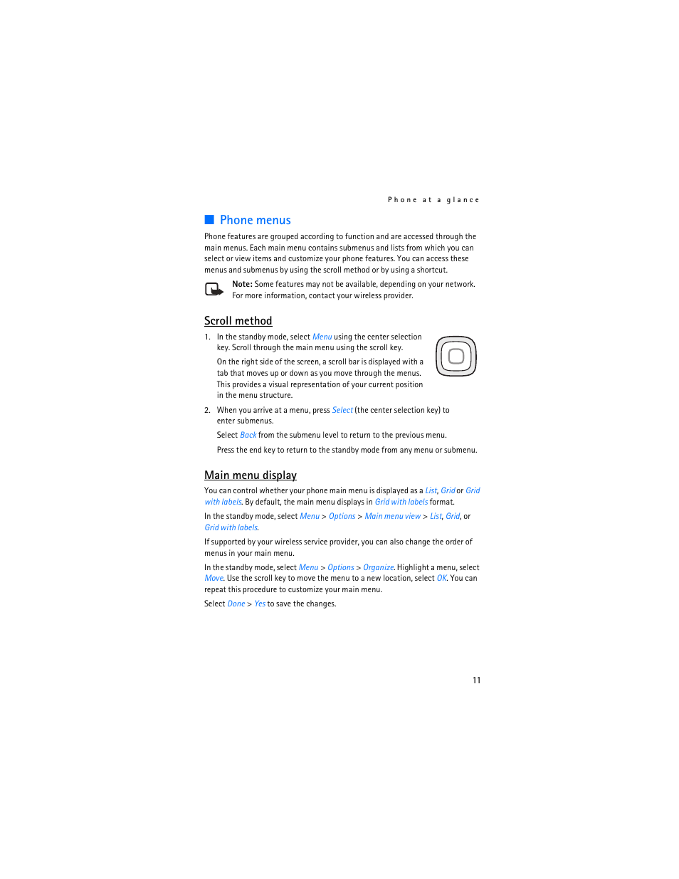 Phone menus, Scroll method, Main menu display | Nokia 6265i User Manual | Page 12 / 257