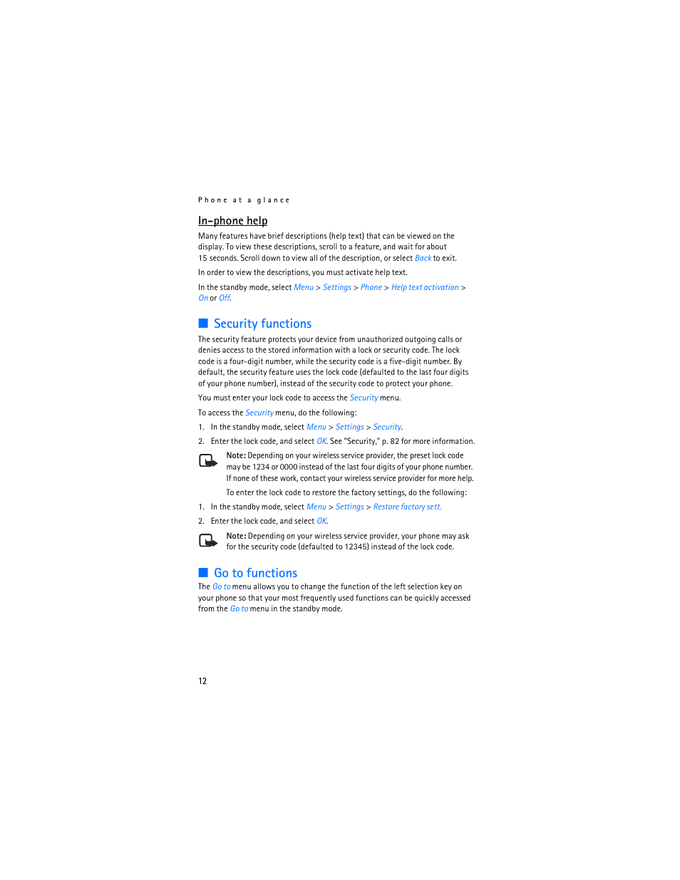 Security functions, Go to functions, In-phone help | Nokia 6265i User Manual | Page 13 / 257