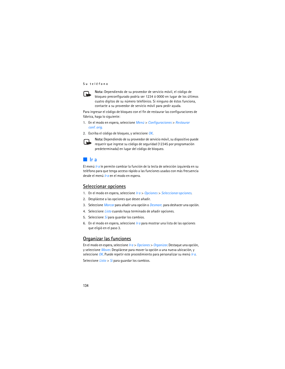 Ir a, Seleccionar opciones, Organizar las funciones | Nokia 6265i User Manual | Page 135 / 257