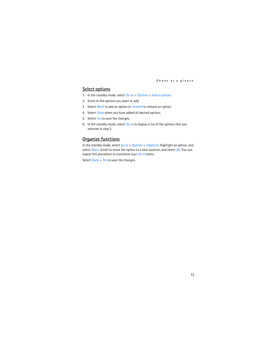Select options, Organize functions | Nokia 6265i User Manual | Page 14 / 257