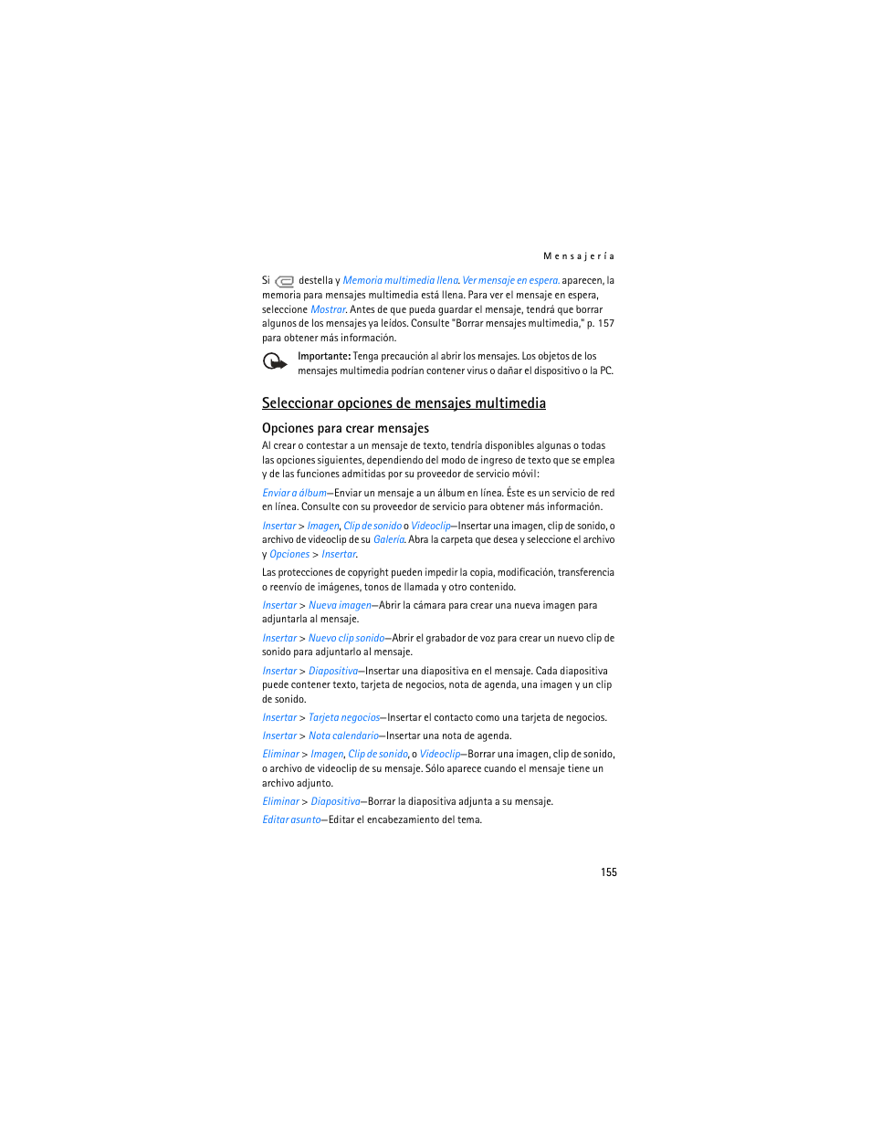 Seleccionar opciones de mensajes multimedia | Nokia 6265i User Manual | Page 156 / 257