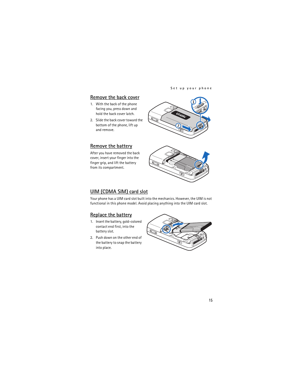 Remove the back cover, Remove the battery, Uim (cdma sim) card slot | Replace the battery | Nokia 6265i User Manual | Page 16 / 257