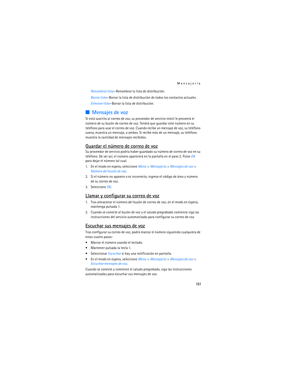 Mensajes de voz," p. 161, Mensajes de voz, Guardar el número de correo de voz | Llamar y configurar su correo de voz, Escuchar sus mensajes de voz | Nokia 6265i User Manual | Page 162 / 257