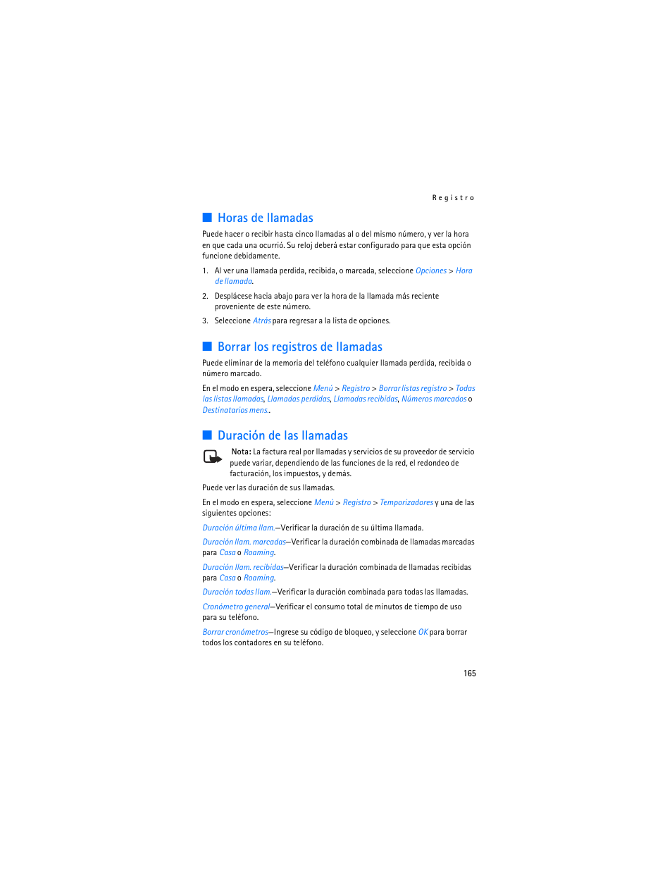 Horas de llamadas, Borrar los registros de llamadas, Duración de las llamadas | Nokia 6265i User Manual | Page 166 / 257