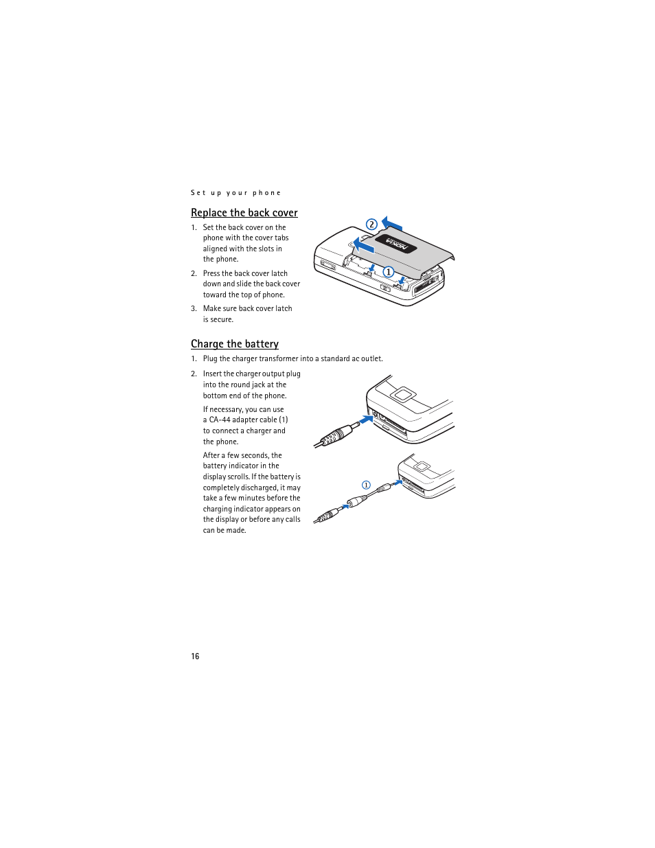 Replace the back cover, Charge the battery | Nokia 6265i User Manual | Page 17 / 257