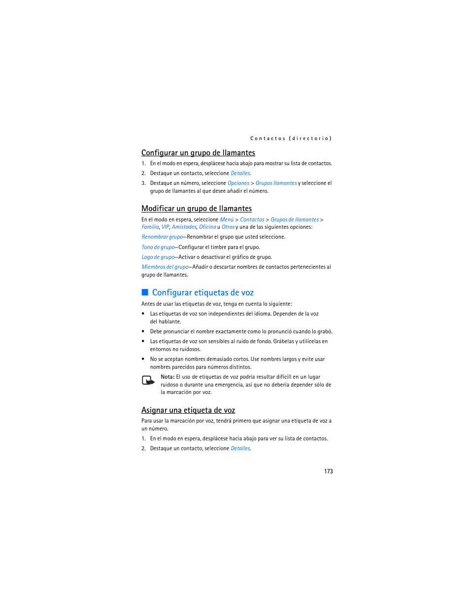 Configurar etiquetas de voz, Configurar un grupo de llamantes, Modificar un grupo de llamantes | Asignar una etiqueta de voz | Nokia 6265i User Manual | Page 174 / 257