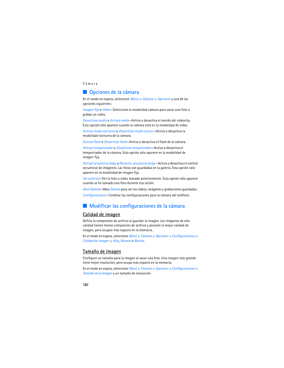 Opciones de la cámara, Modificar las configuraciones de la cámara, Calidad de imagen | Tamaño de imagen | Nokia 6265i User Manual | Page 181 / 257
