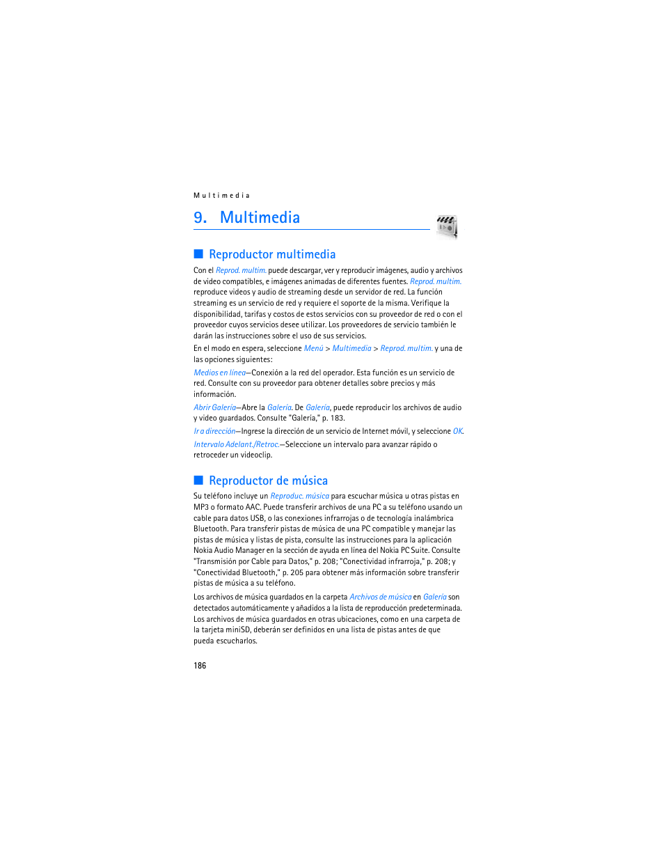 Multimedia, Reproductor multimedia, Reproductor de música | Nokia 6265i User Manual | Page 187 / 257