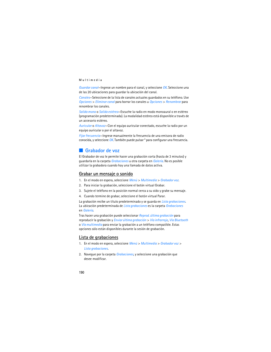 Grabador de voz, Grabar un mensaje o sonido, Lista de grabaciones | Nokia 6265i User Manual | Page 191 / 257