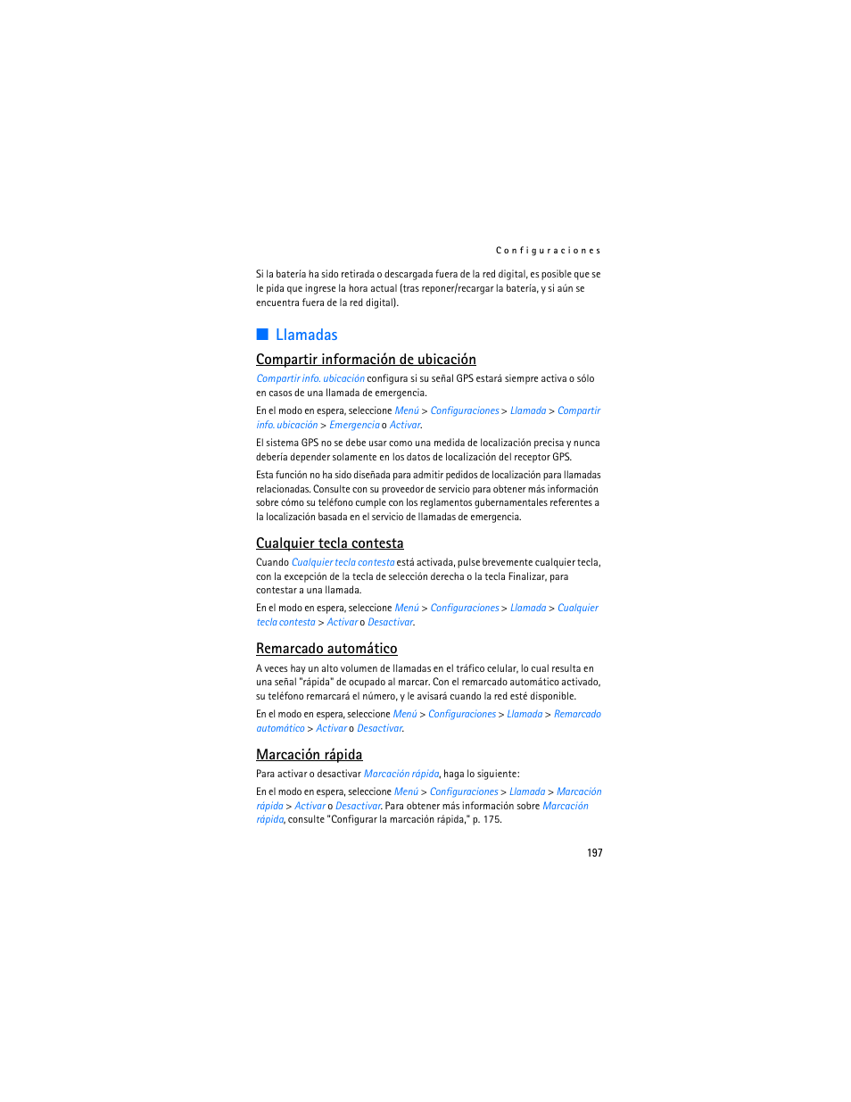Llamadas, Compartir información de ubicación, Cualquier tecla contesta | Remarcado automático, Marcación rápida | Nokia 6265i User Manual | Page 198 / 257