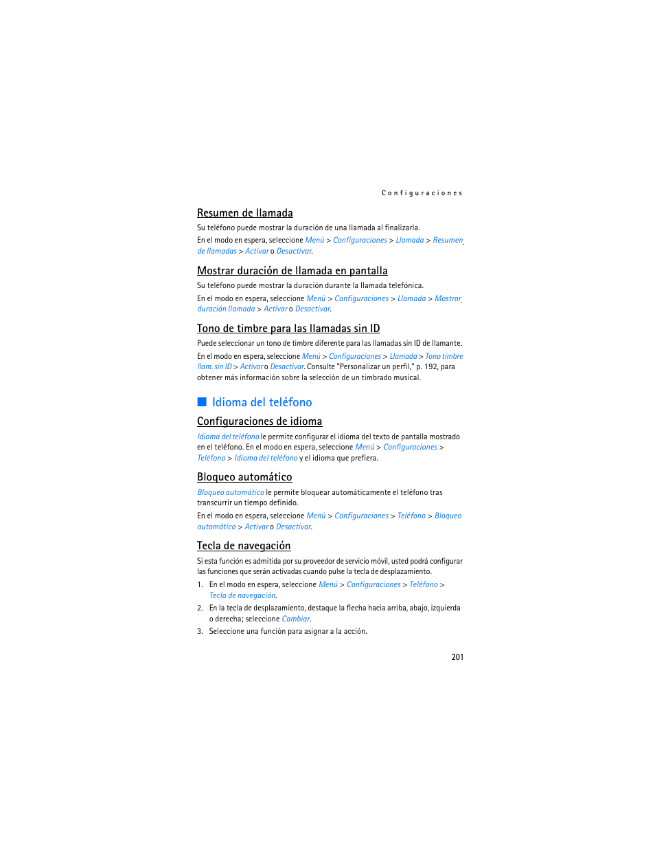 Idioma del teléfono, Resumen de llamada, Mostrar duración de llamada en pantalla | Tono de timbre para las llamadas sin id, Configuraciones de idioma, Bloqueo automático, Tecla de navegación | Nokia 6265i User Manual | Page 202 / 257