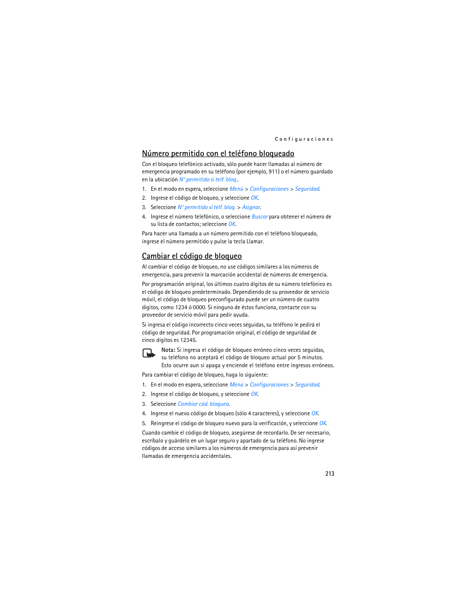 Número permitido con el teléfono bloqueado, Cambiar el código de bloqueo | Nokia 6265i User Manual | Page 214 / 257