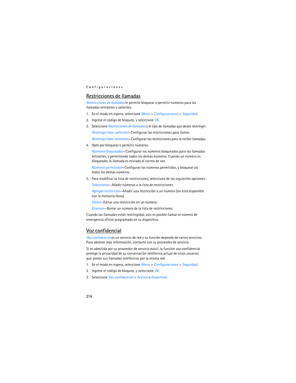 Restricciones de llamadas, Voz confidencial | Nokia 6265i User Manual | Page 215 / 257