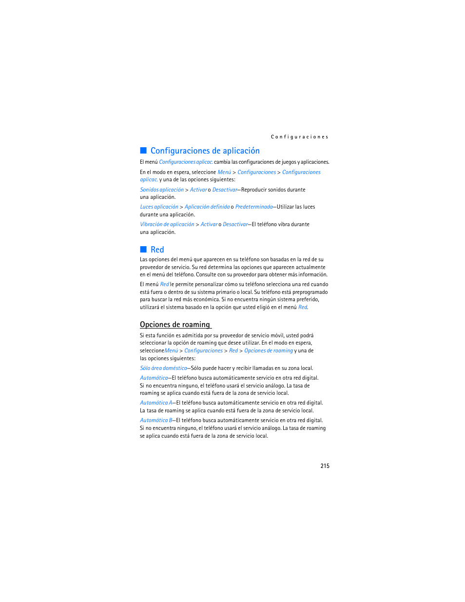 Configuraciones de aplicación, Opciones de roaming | Nokia 6265i User Manual | Page 216 / 257