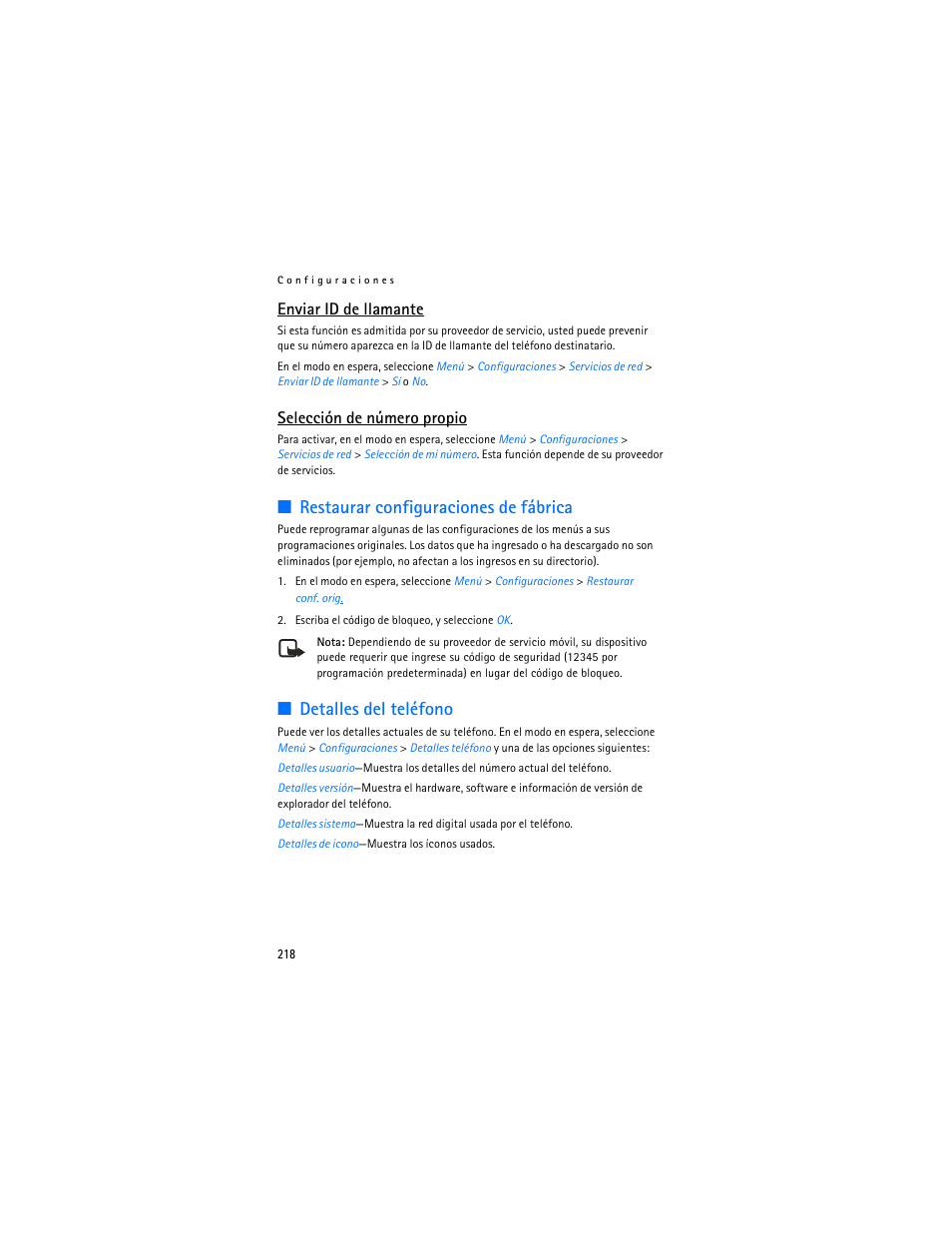 Restaurar configuraciones de fábrica, Detalles del teléfono, Enviar id de llamante | Selección de número propio | Nokia 6265i User Manual | Page 219 / 257