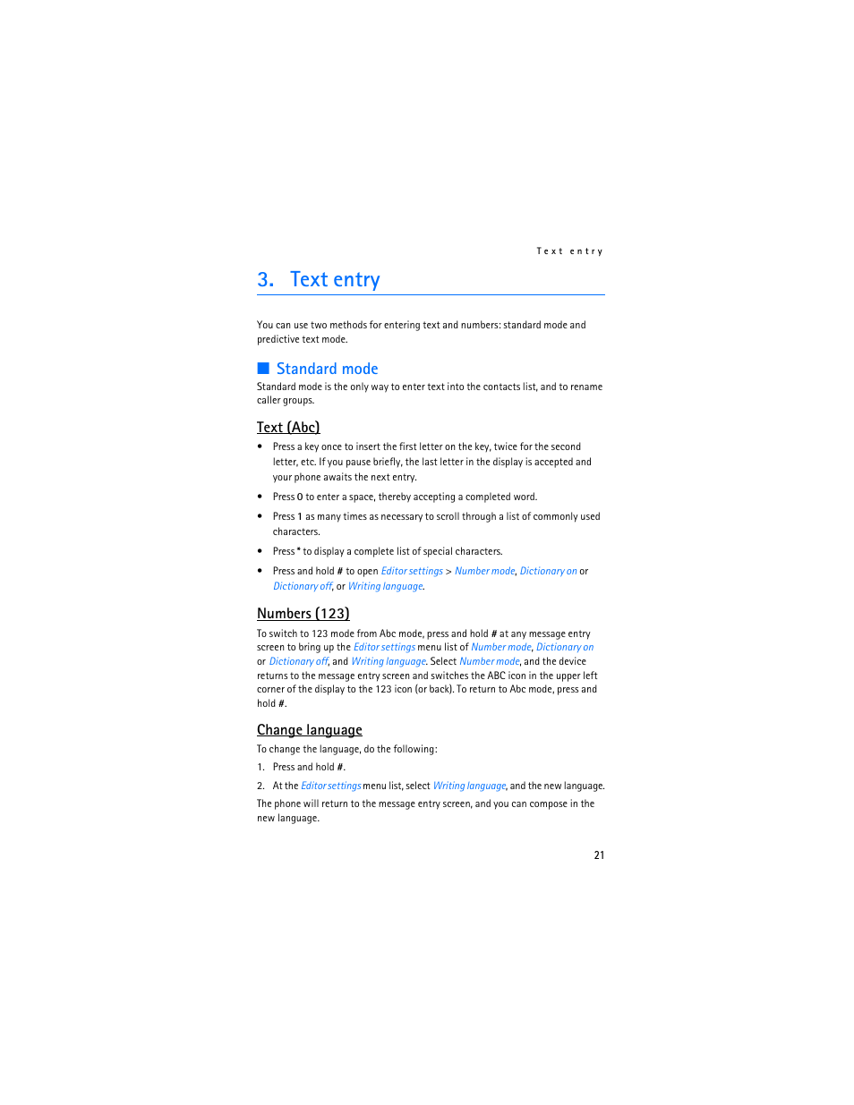 Text entry, Standard mode, Text (abc) | Numbers (123), Change language | Nokia 6265i User Manual | Page 22 / 257