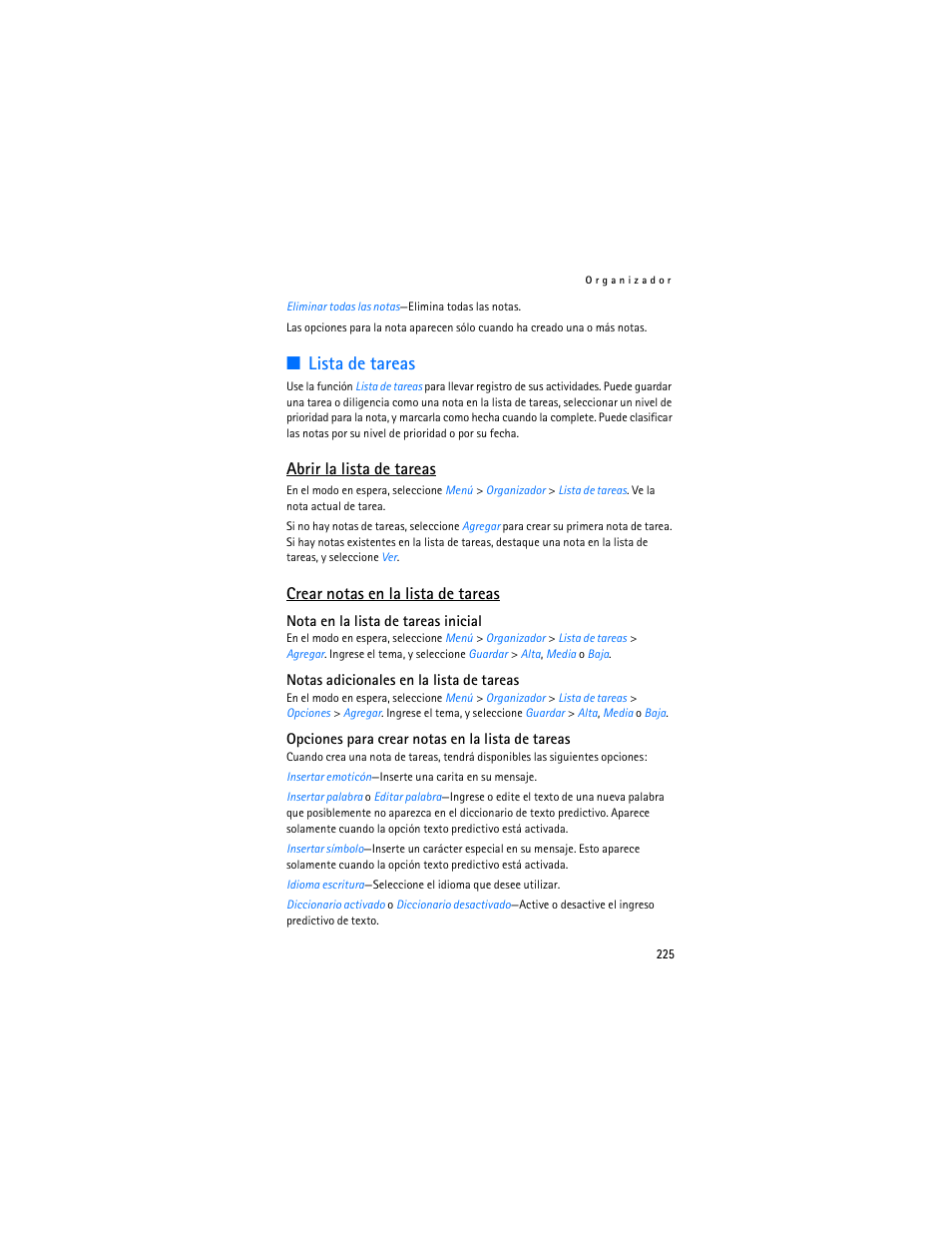 Lista de tareas, Abrir la lista de tareas, Crear notas en la lista de tareas | Nokia 6265i User Manual | Page 226 / 257