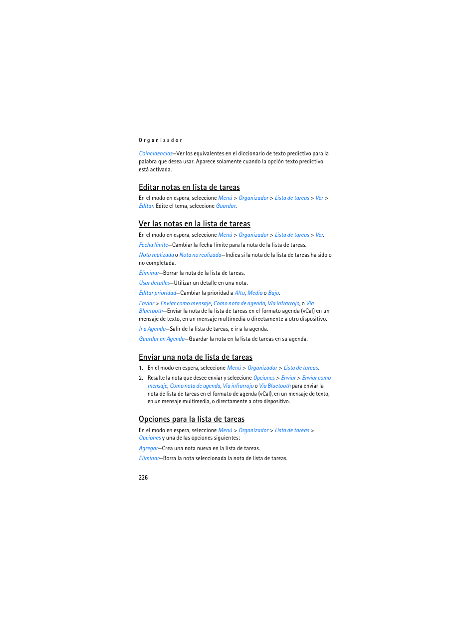 Editar notas en lista de tareas, Ver las notas en la lista de tareas, Enviar una nota de lista de tareas | Opciones para la lista de tareas | Nokia 6265i User Manual | Page 227 / 257