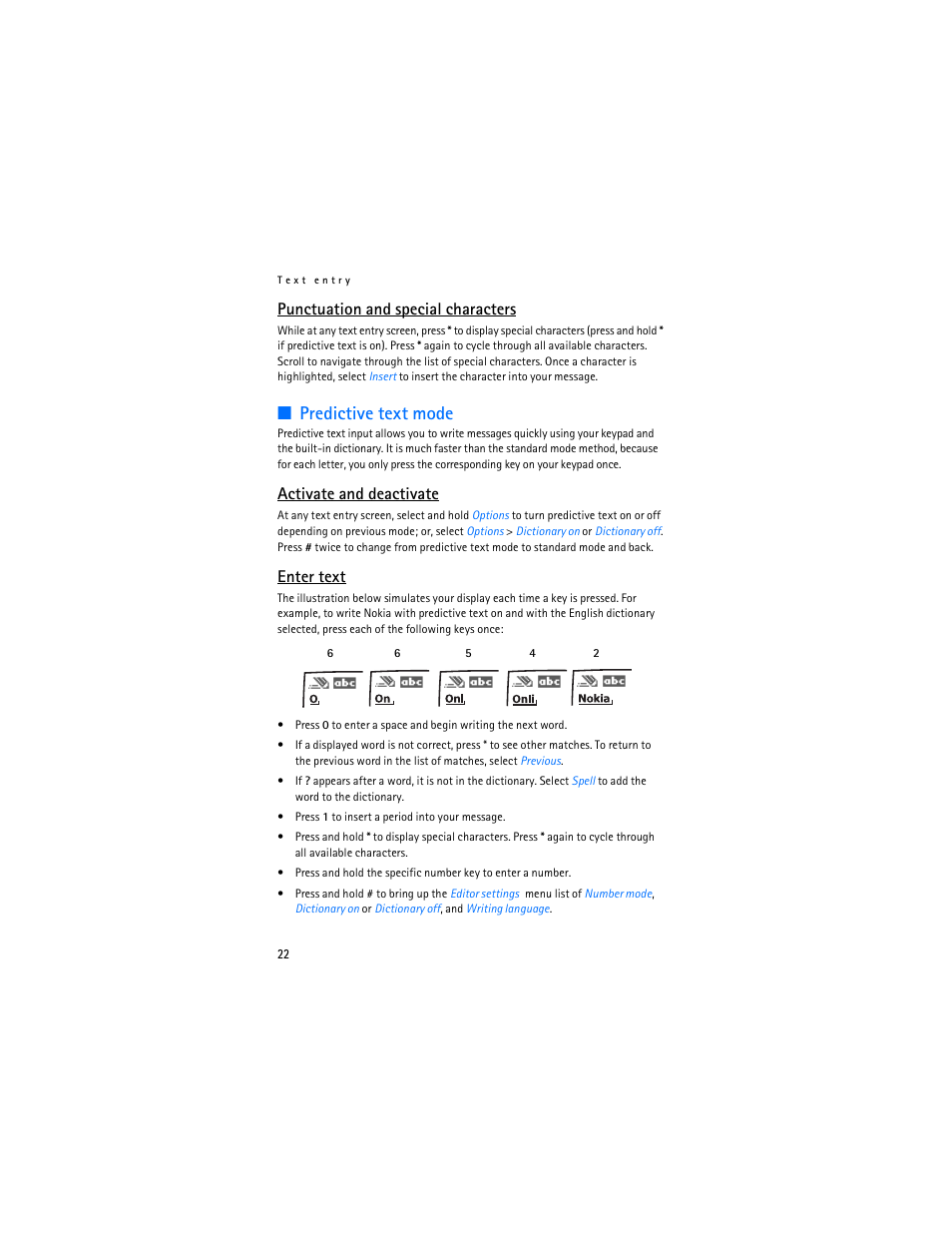 Predictive text mode, Punctuation and special characters, Activate and deactivate | Enter text | Nokia 6265i User Manual | Page 23 / 257